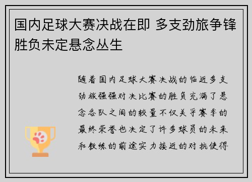 国内足球大赛决战在即 多支劲旅争锋胜负未定悬念丛生