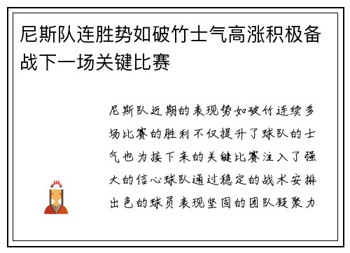 尼斯队连胜势如破竹士气高涨积极备战下一场关键比赛