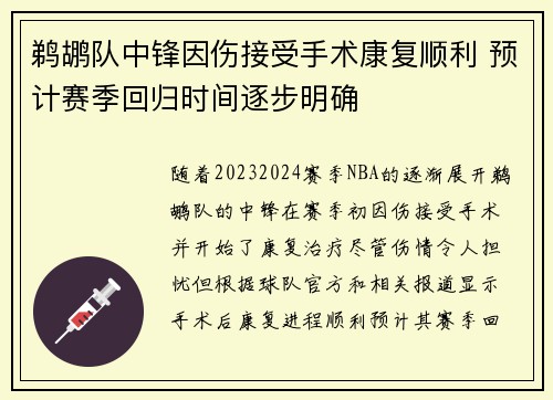 鹈鹕队中锋因伤接受手术康复顺利 预计赛季回归时间逐步明确